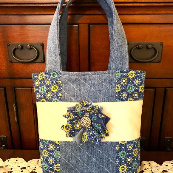 Handmade Denim and Cotton Quilted Purse with Zip Closure and Shabby Chic Flower - Picture 3 of 10
